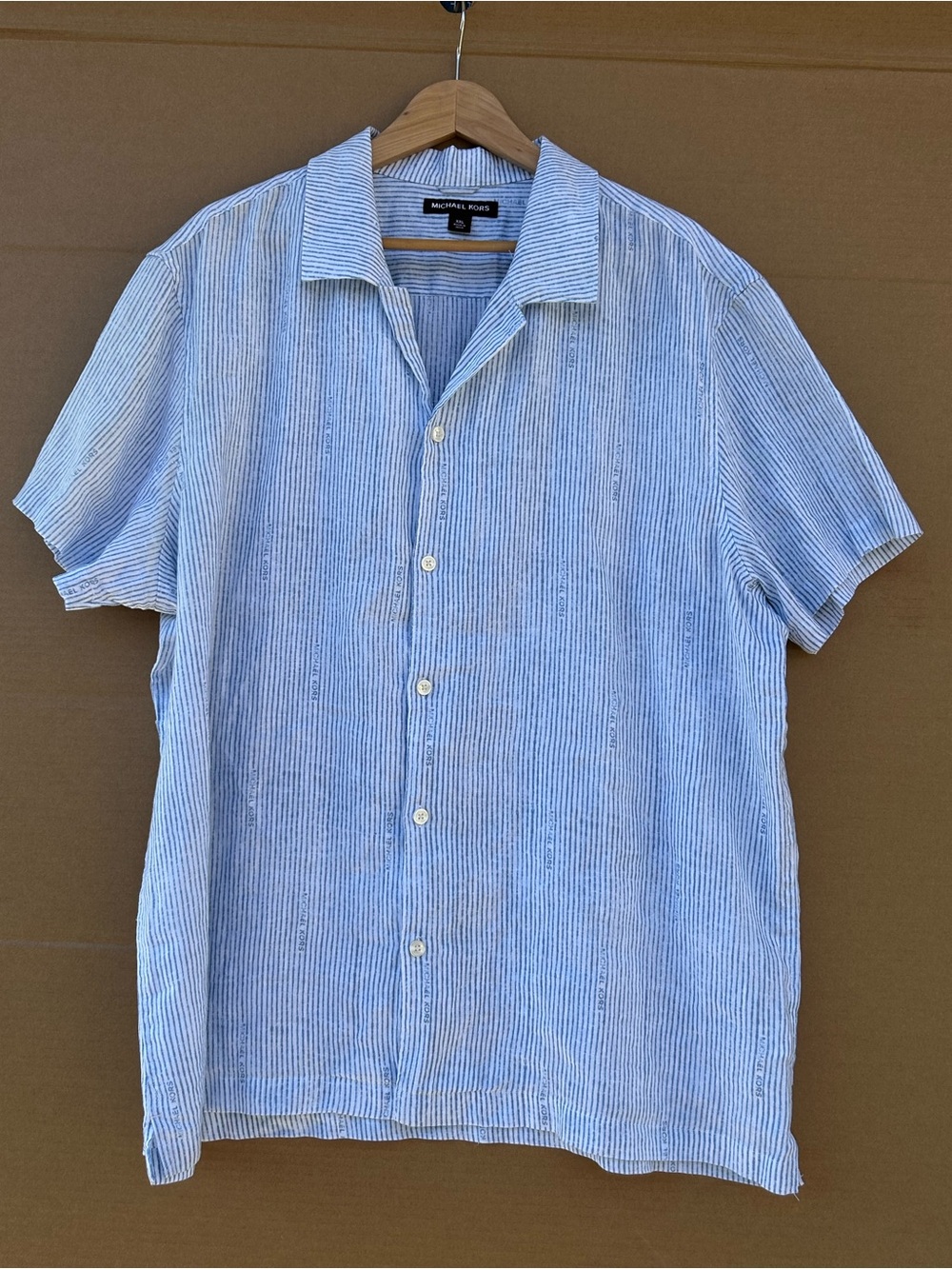 Michael Kors Linen Chambray Camp Shirt Pinstripe Logo XXL Short Sleeve Woven